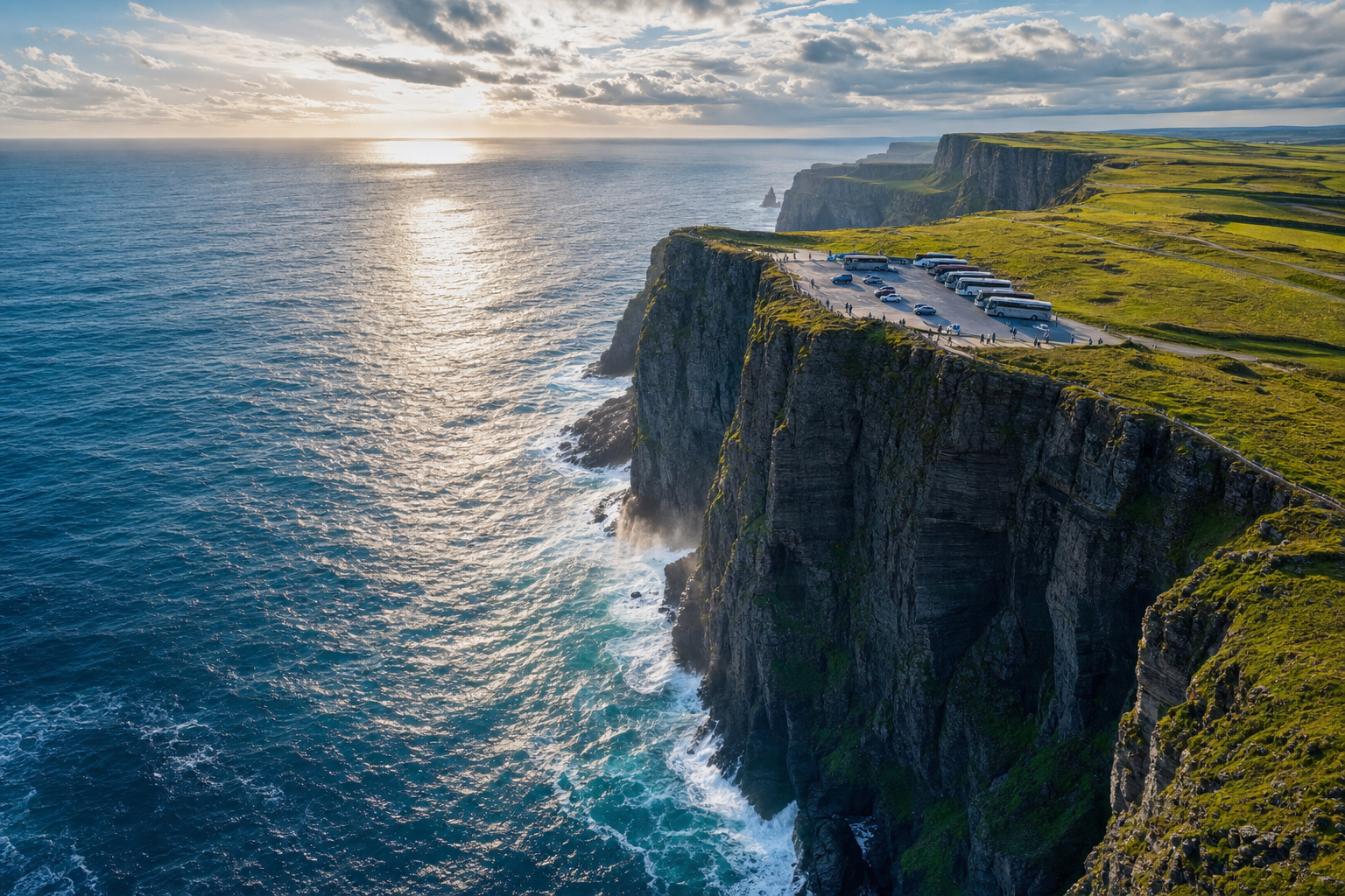 Cliffside Ocean View with Waves and Vehicles