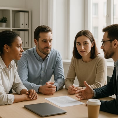 Description Your team members and clients are gathered around a table in a bright tidy office Their body language is open and leaning in demonstrating-1